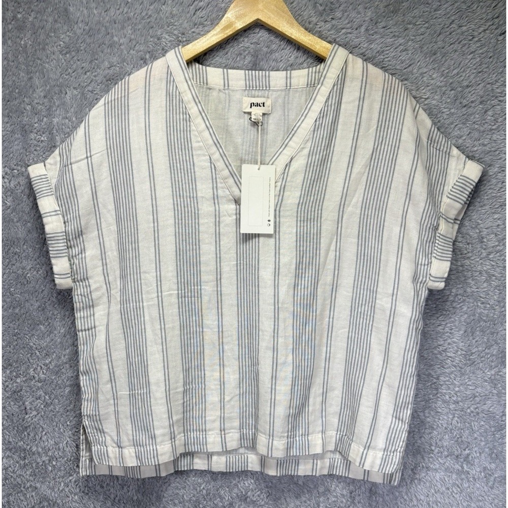 NWT Pact Organic Cotton Top Women M/L Striped V Neck Boxy Oversized Short Sleeve